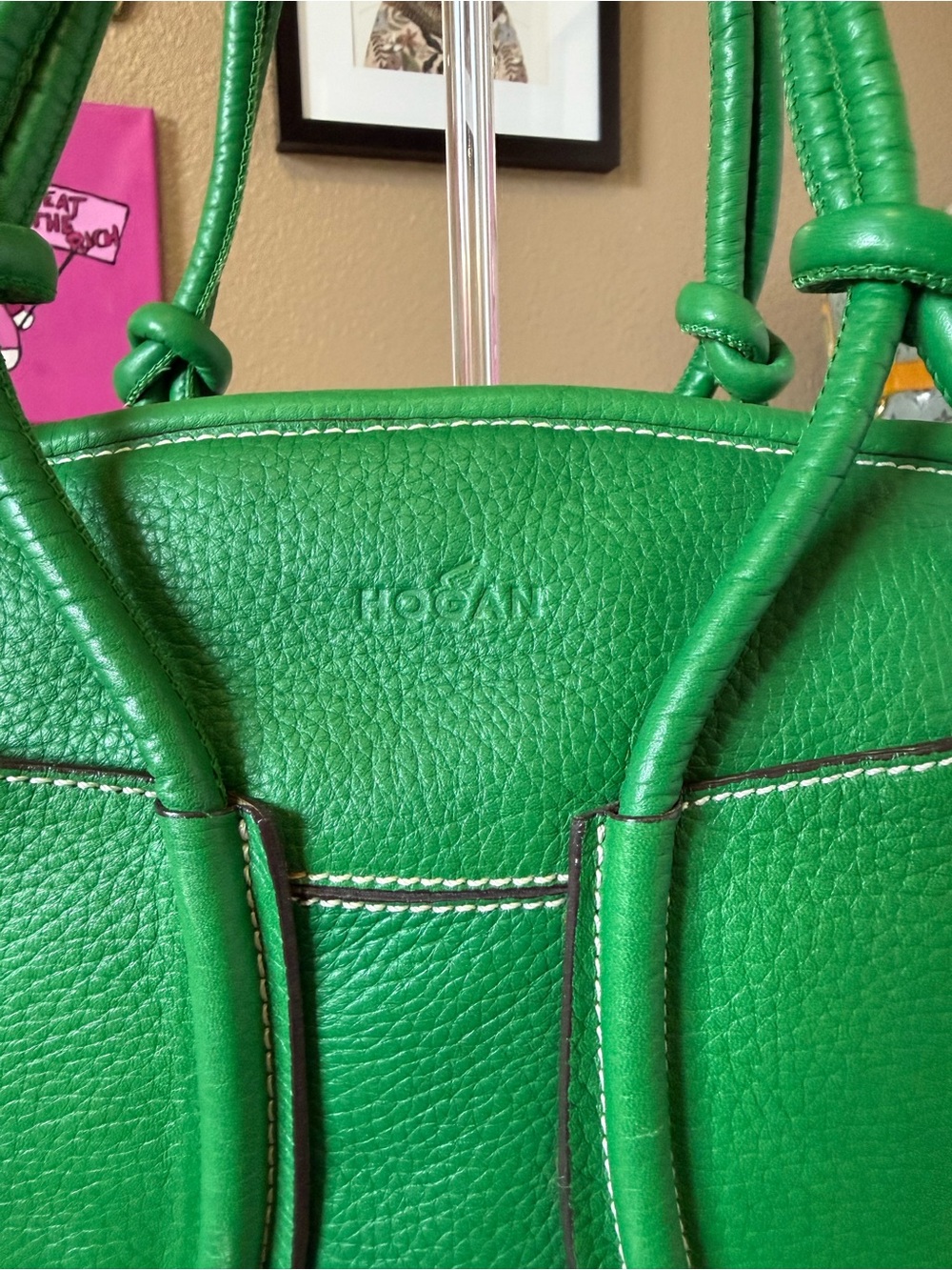 HOGAN Kelly Green Leather Dome Satchel Bag w Knots &Loop Details Silver Hardware - Picture 2 of 16